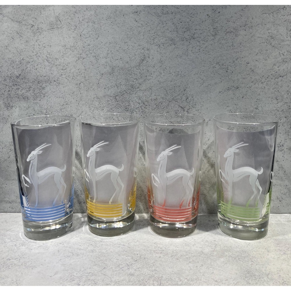 4 Vintage Barware Antelope Gazelle Glasses Tumbler Art Deco MCM 5" Tumbler/Glass